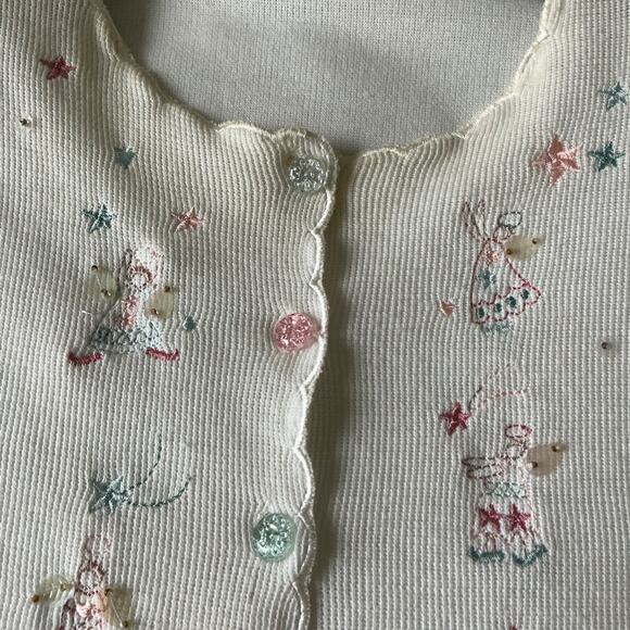 Vintage TEDDI Woman Short Sleeve Sweater Embroidered Angels Crystal Button Small - Picture 11 of 14
